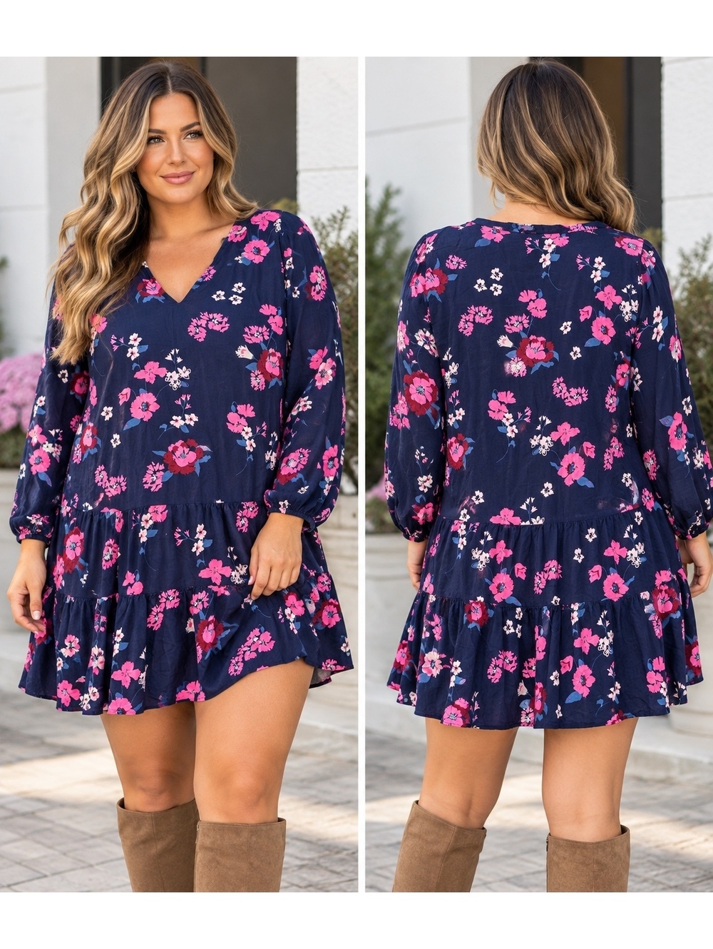 GAP Women's XXL Navy Pink Floral V Neck Tiered Mini Dress Boho Cottagecore